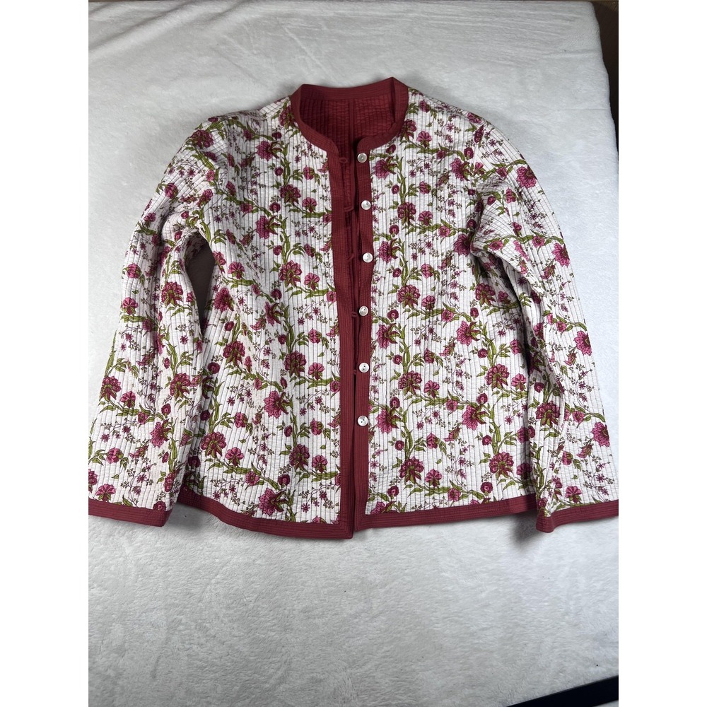 Quilted Floral Jacket Womens Large Multicolor Cotton Button Front Short Boho